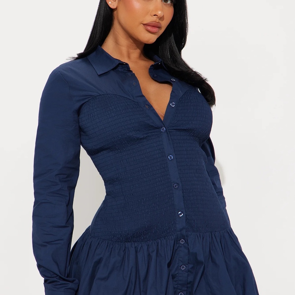 Natalia Bubble Mini Shirt Dress - Navy New Small